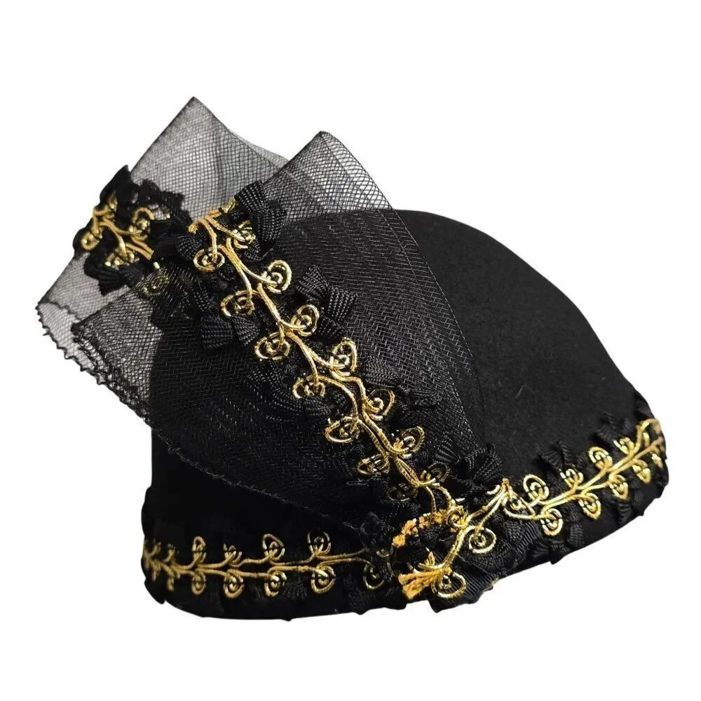 Vintage Black Fascinator Hat With Gold Embroidery & Mesh Bow Elegant Formal Desi